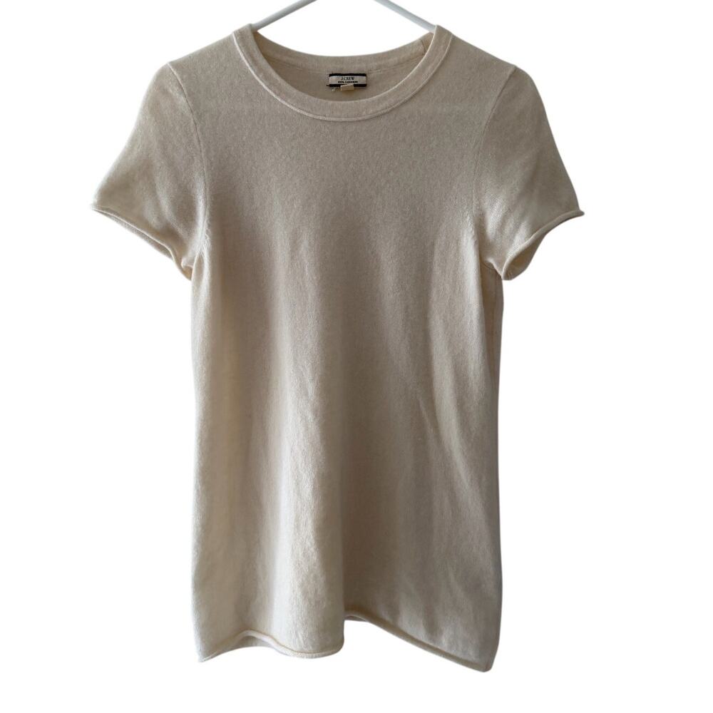 J Crew 100% Cashmere T Shirt Ivory Cream Rolled Hem Women's Large Excellent!